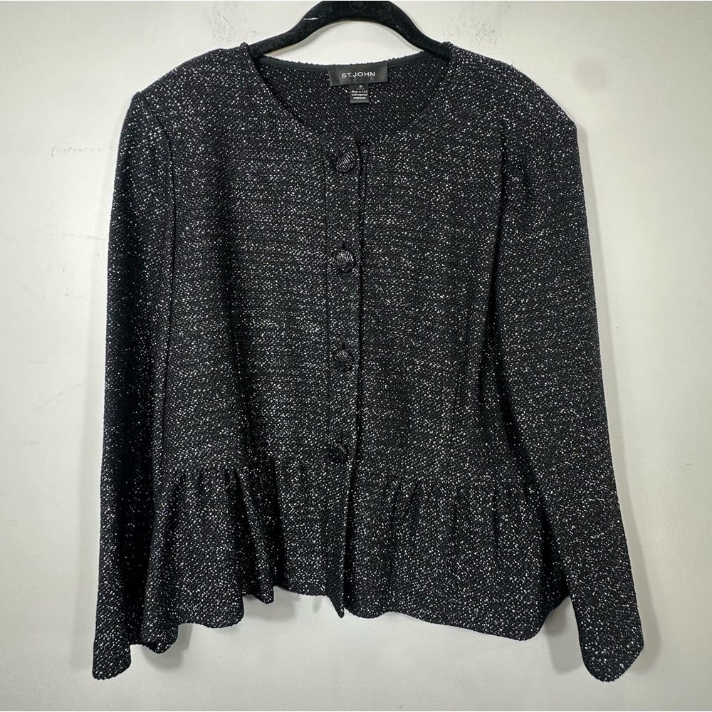 ST. JOHN Evening Black Silver Metallic Knit Peplum Jacket Blazer Sz 16 Resort 15